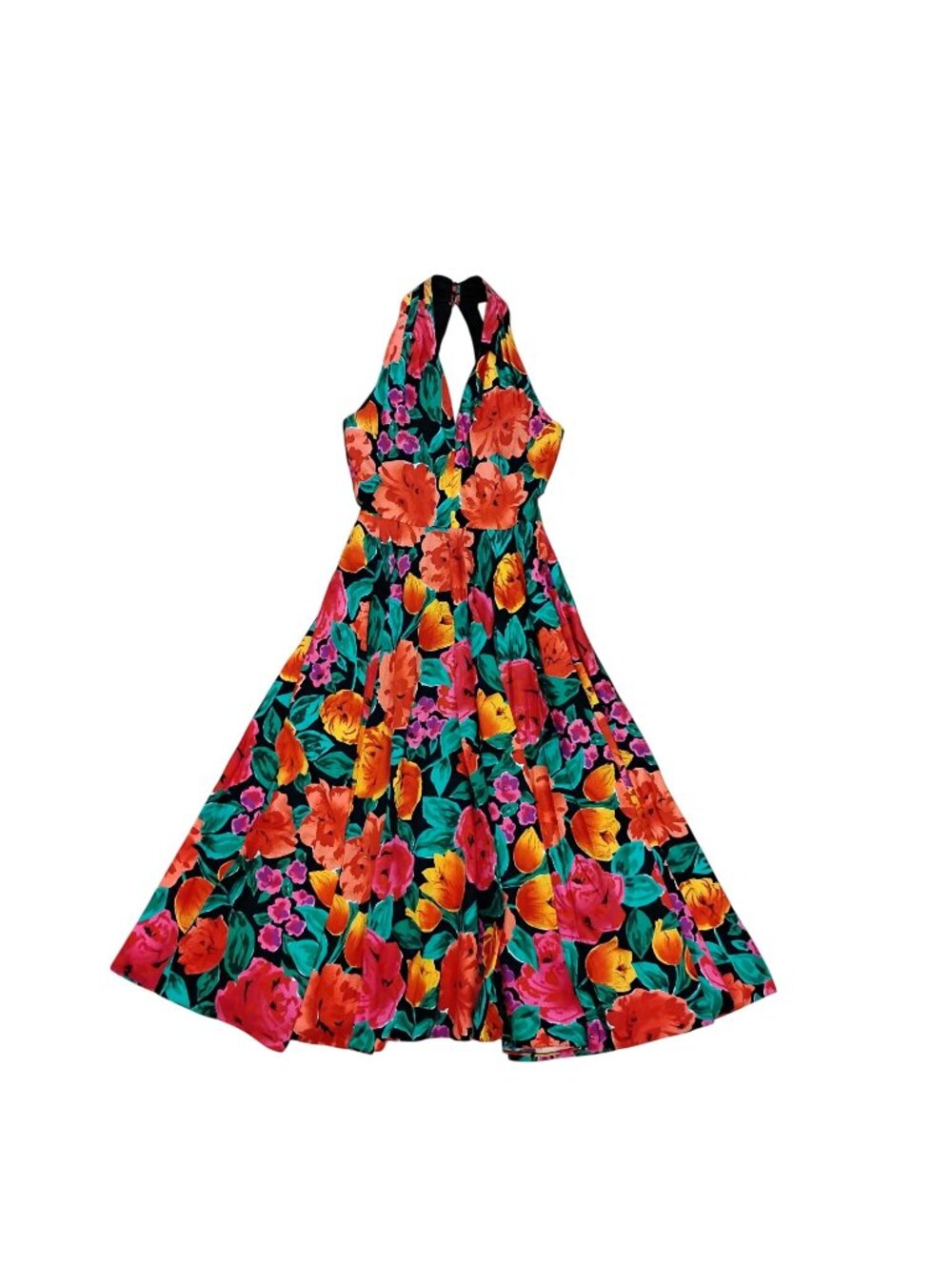 A J Bari Midi Sleeveless Cotton Floral Dress Size 8 Full Skirt Orange Black Gree